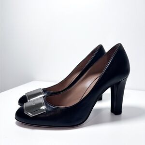 Bally Harmoni Black Leather Gold Logo Emblem High Heel Luxury Pumps Size 36